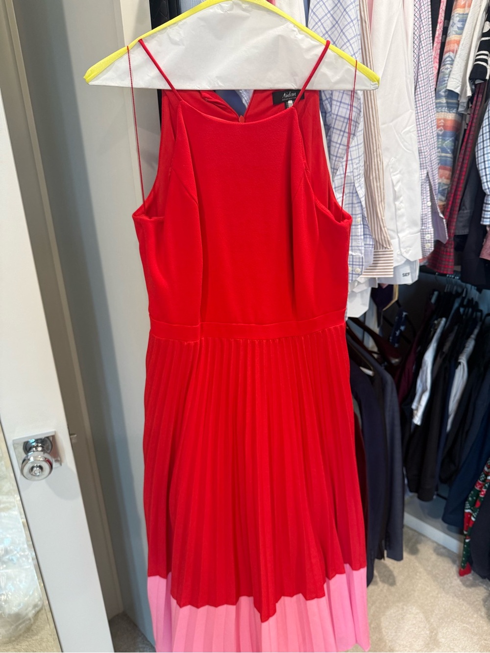 Aidan Mattox Red Spaghetti-Strap Pleated Midi Dress with Pink Hem